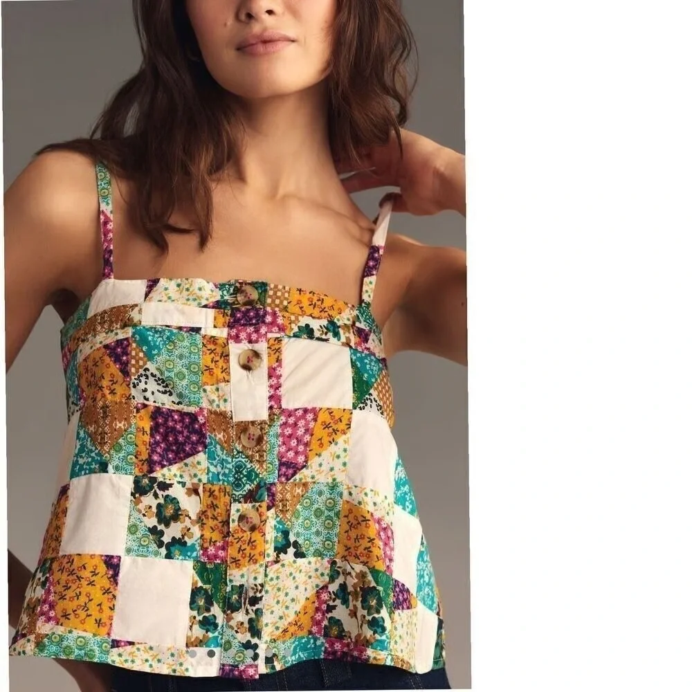 Pilcro Anthropologie Patchwork Cami Tank Top XS Boho Quilted Cottagecore Hippie - Picture 13 of 14